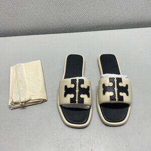 NEW TORY BURCH Women's Double T Sport Slide Sandal – Cream/Black/Gold – Size 7.5